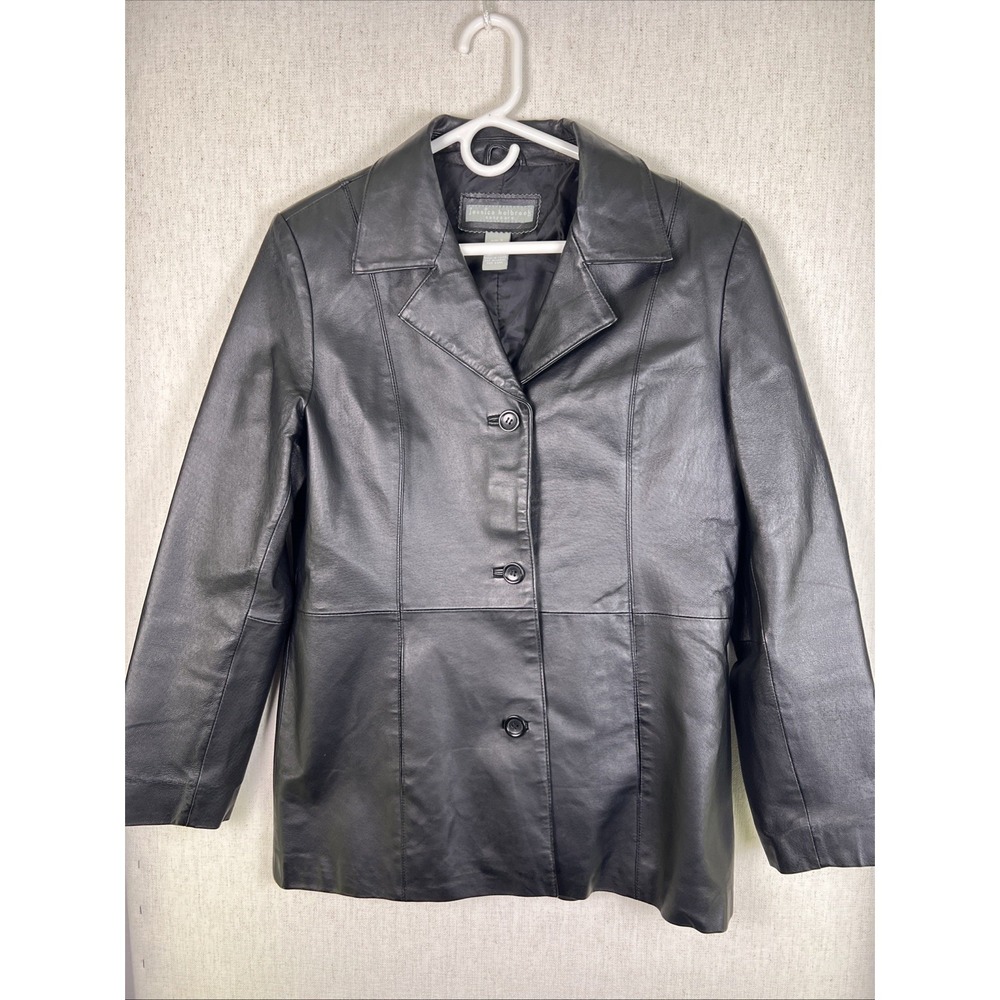 Jessica Holbrook Women's Black Leather Jacket Size Small Button Up ❤️